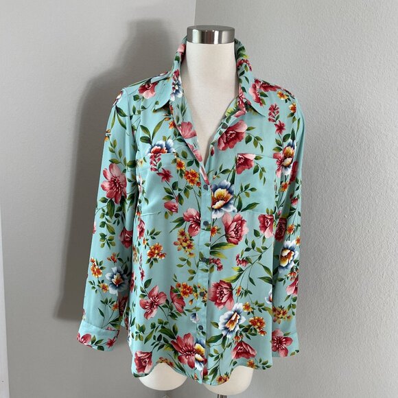 Roz & Ali Womens Large Floral Button Up Blouse Long Sleeve Mint Green Shirt Top - Picture 1 of 8